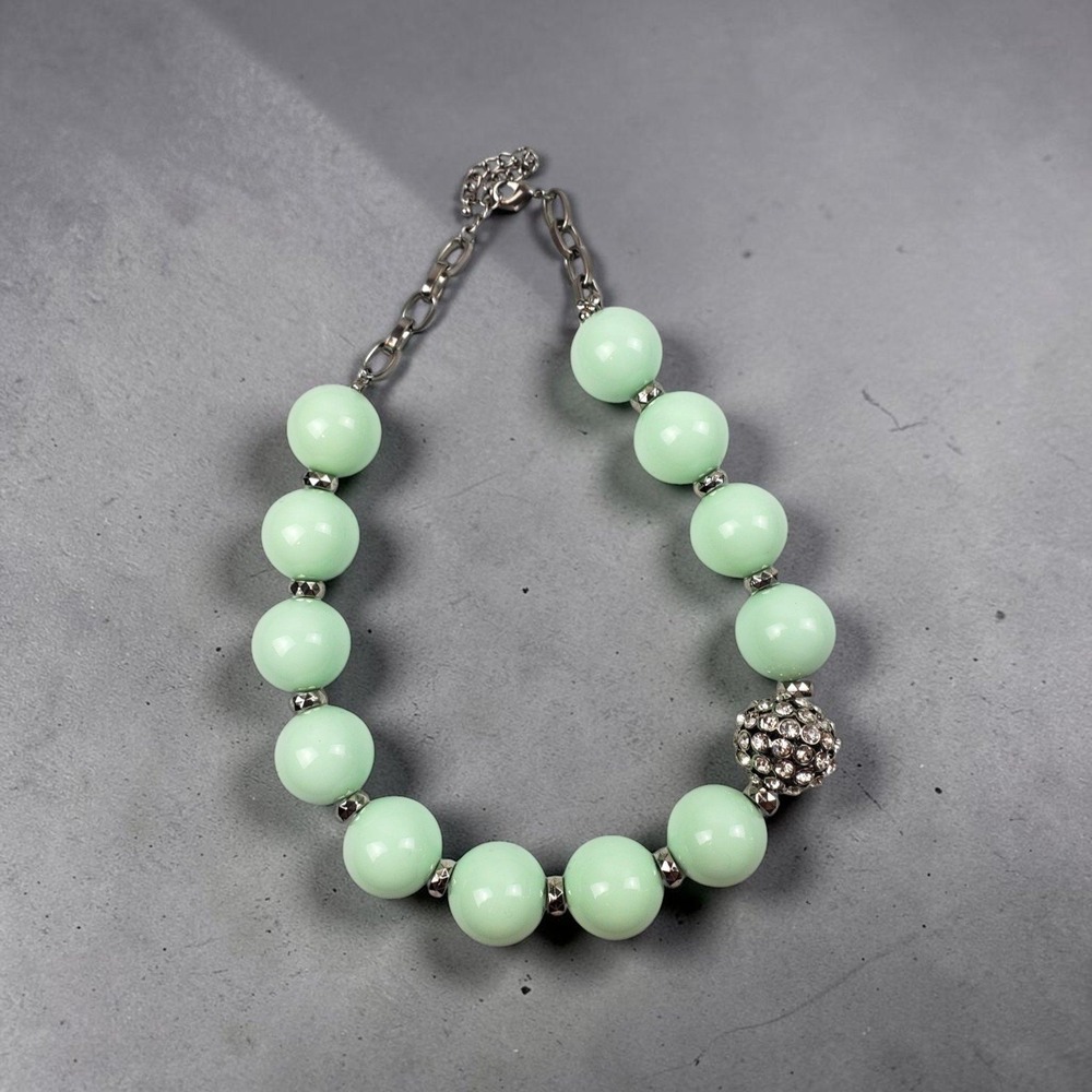 Mint Green Chunky Bead Statement Necklace Silver Tone Rhinestone Pave Ball